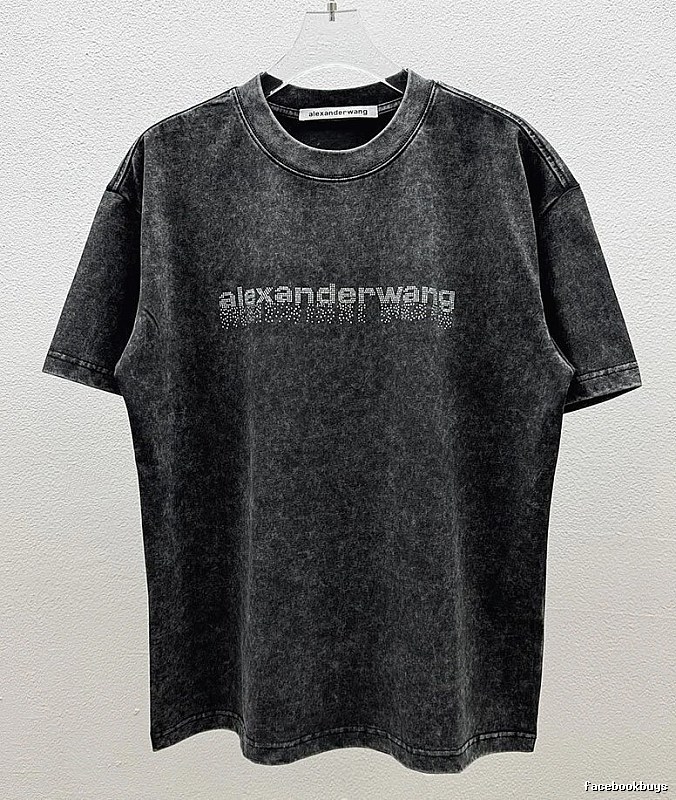 Alexander Wang Rhinestone-embellished Distressed Charcoal Black Short-sleeve T-shirt