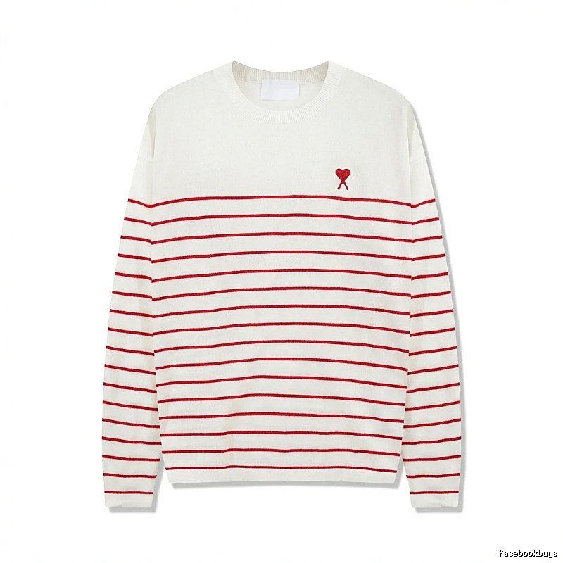 AMI Stripe Heart White Sweater