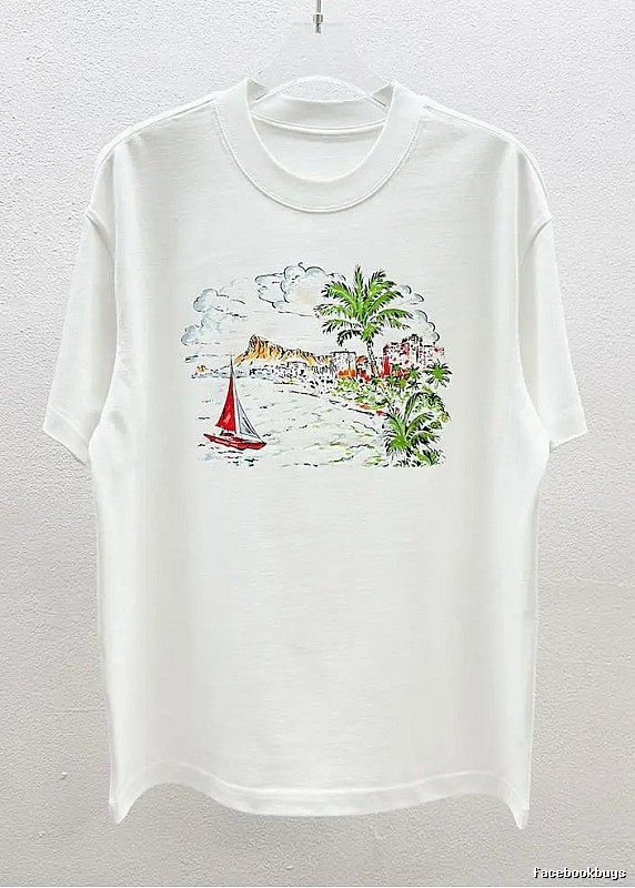AW Hand-painted Seaside Vacation Style White Short-sleeve T-Shirt