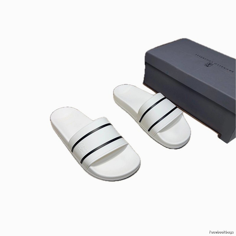 Brunello Cucinelli Minimalist Style Striped White Slippers