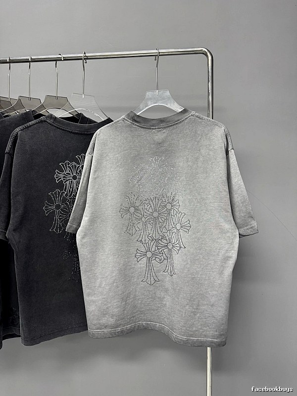 Chrome Hearts Cross Hot-stamped Rhinestone Street-style Grey Short-sleeve T-shirt
