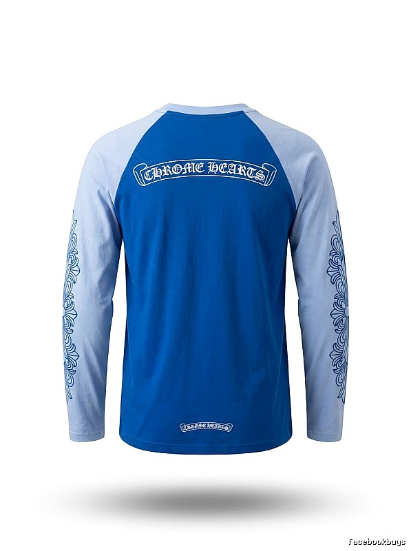 Chrome Hearts retro-style blue and white long-sleeved shirt.