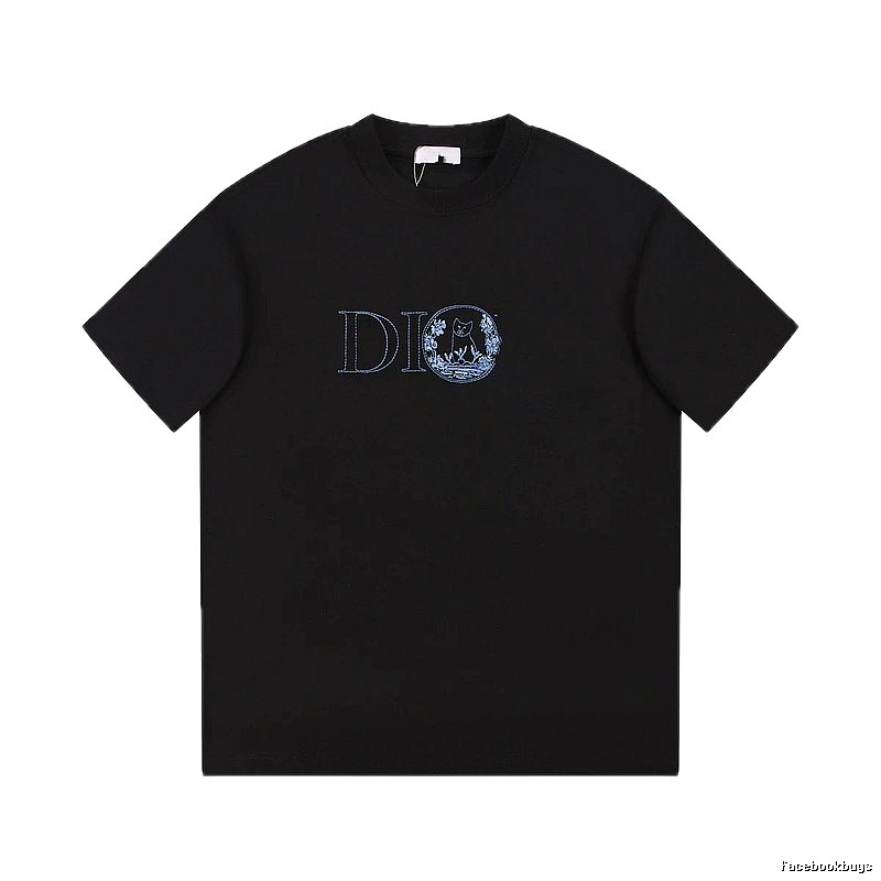 Dior Cat-Embroidered Casual Black T-Shirt