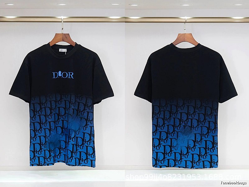 Dior Classic Monogram Trendy Style Black-Blue Gradient T-Shirt