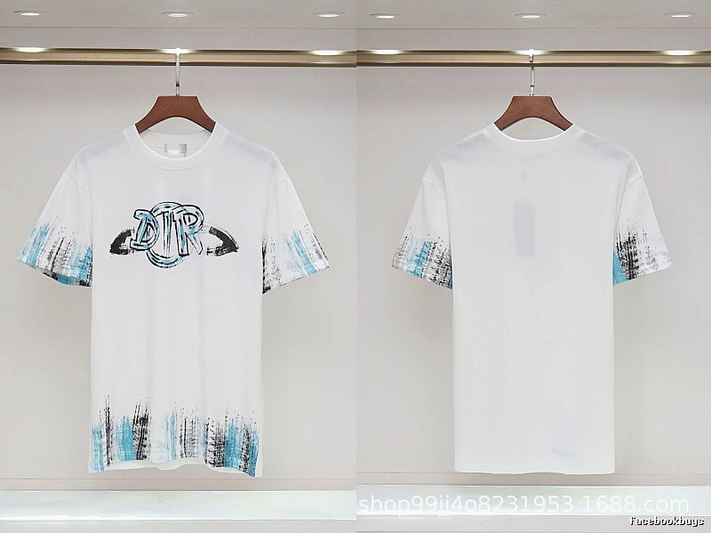 Dior Graffiti Collection Street Style White and Blue Short-sleeve T-shirt