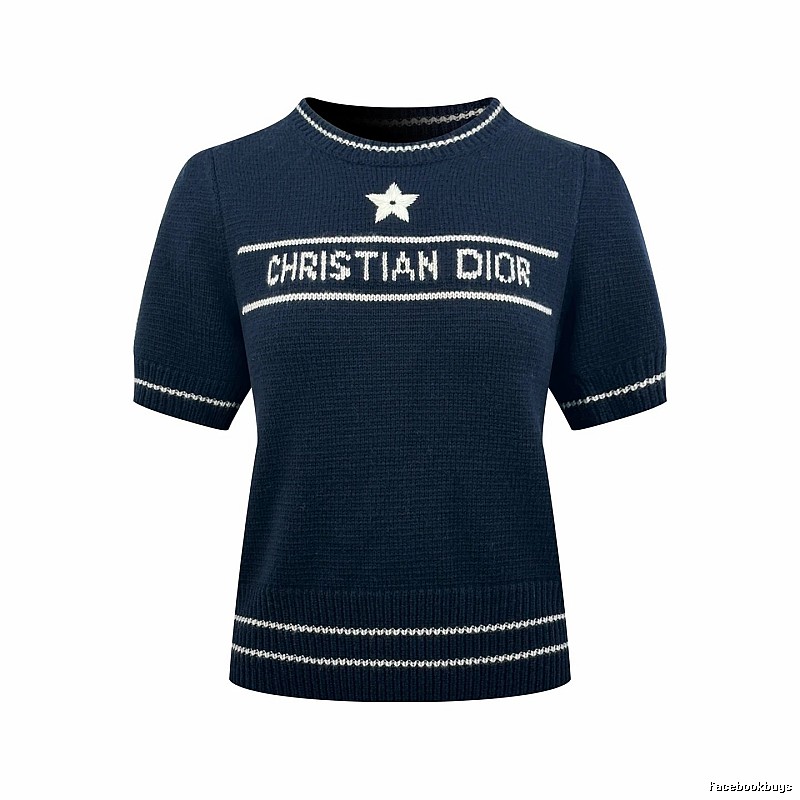 Dior Short Sleeve Knit Sweater with Cream Trim and Star Detail