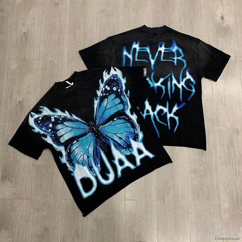 DUAA Butterfly Street Style Black and Blue Short Sleeve T-shirt