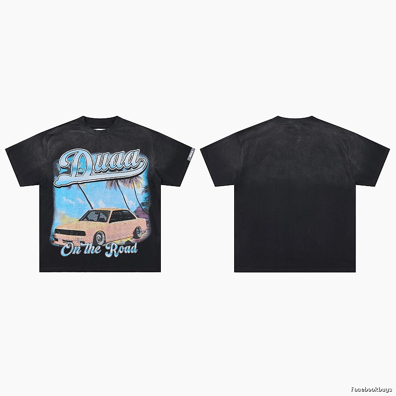 DUAA Road Sports Car American Retro Distressed Black T-Shirt