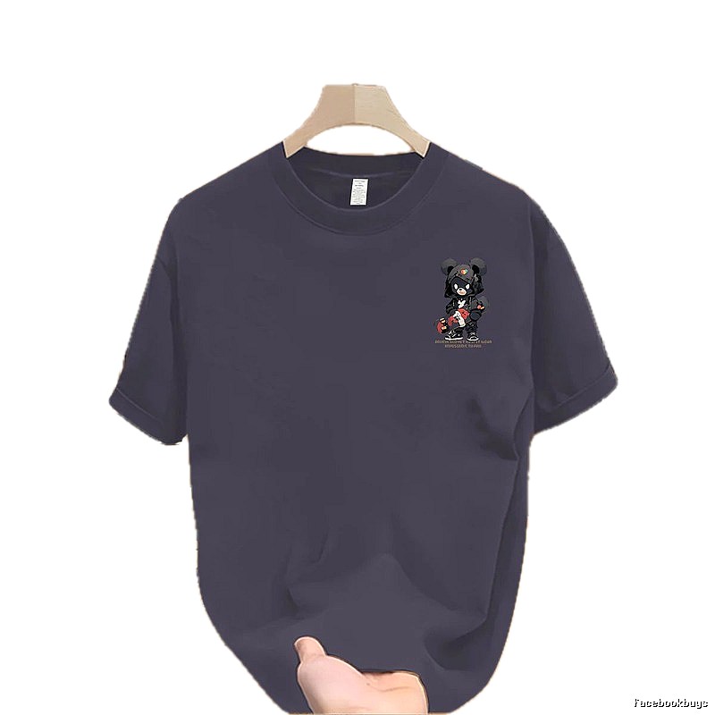Gray-Blue Guochao Techwear Street Style T-Shirt with Bear Print