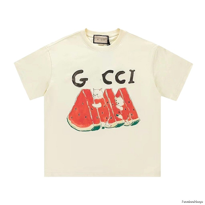 Gucci Cat and Watermelon Printed Off-white Casual T-Shirt