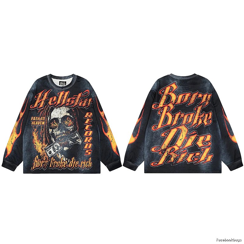 Hellstar Skull Flame Street Style Black & Orange Long Sleeve T-Shirt