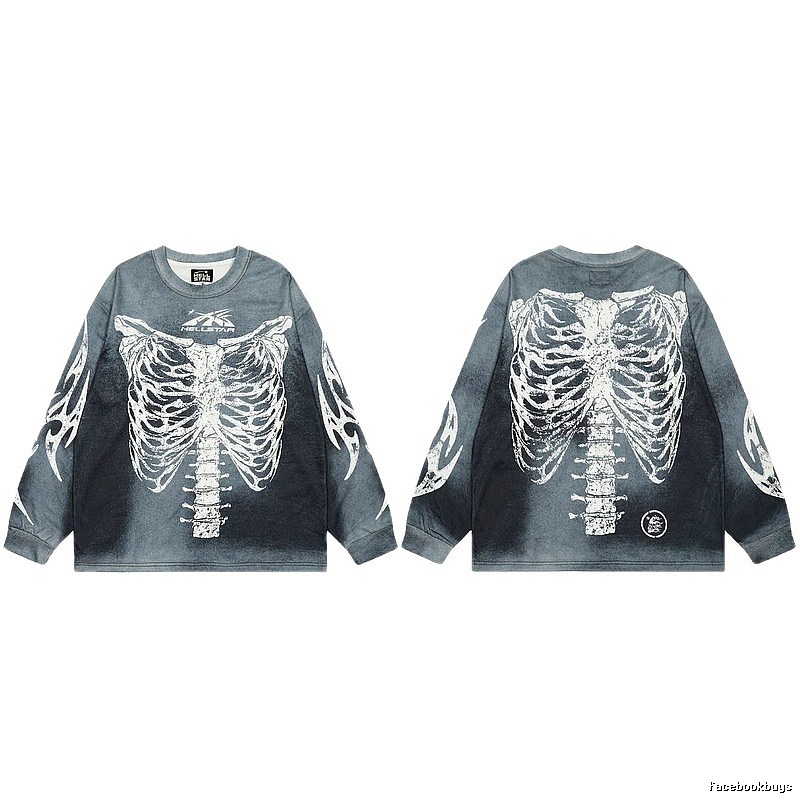 Hellstar Skull Print Street Style Vintage Grey Long Sleeve T-shirt