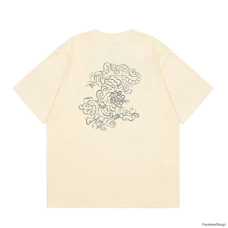 KENZO Auspicious Cloud Tiger Embroidery Chinese Style Beige Apricot Short Sleeve T-Shirt