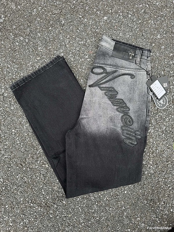 Large Script Branding And A Contrast Fade Gray Wash Moncler Logo Jeans