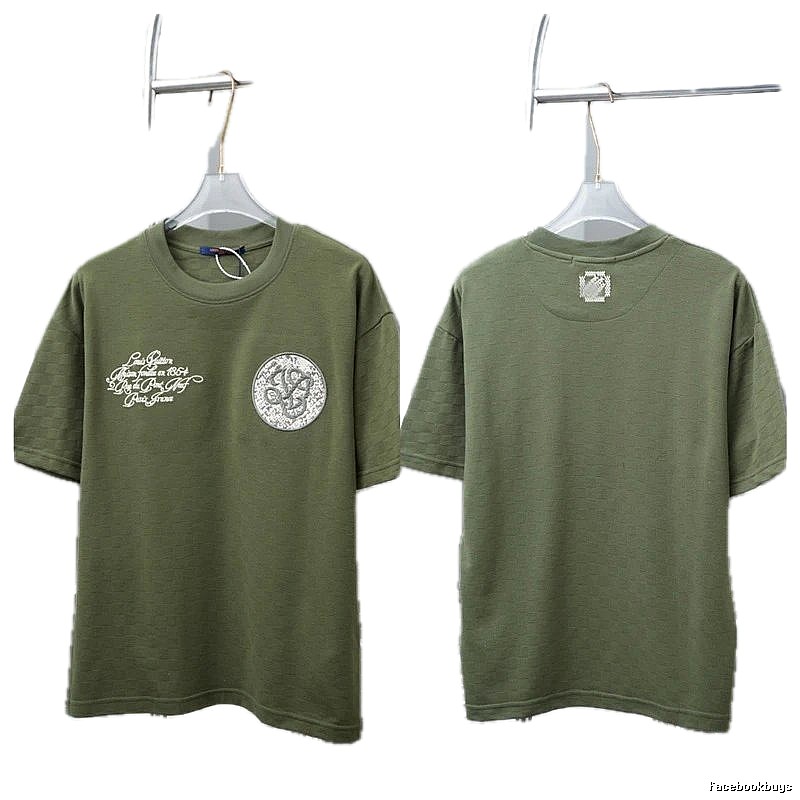 Louis Vuitton Embroidered Badge Casual Style Army Green T-Shirt