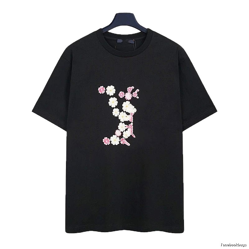 Louis Vuitton Floral Embroidered Casual Black Short-sleeved T-shirt