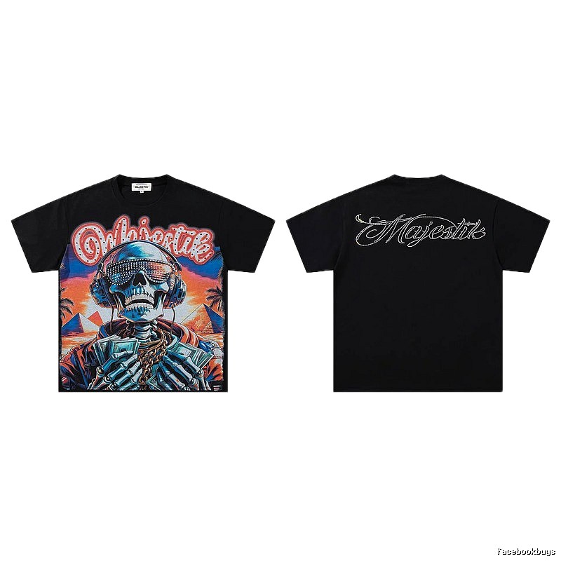 MAJESTIK Skull Print Hip-hop Style Black T-shirt