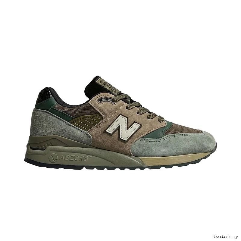 New Balance retro-style gray-green-brown running shoes