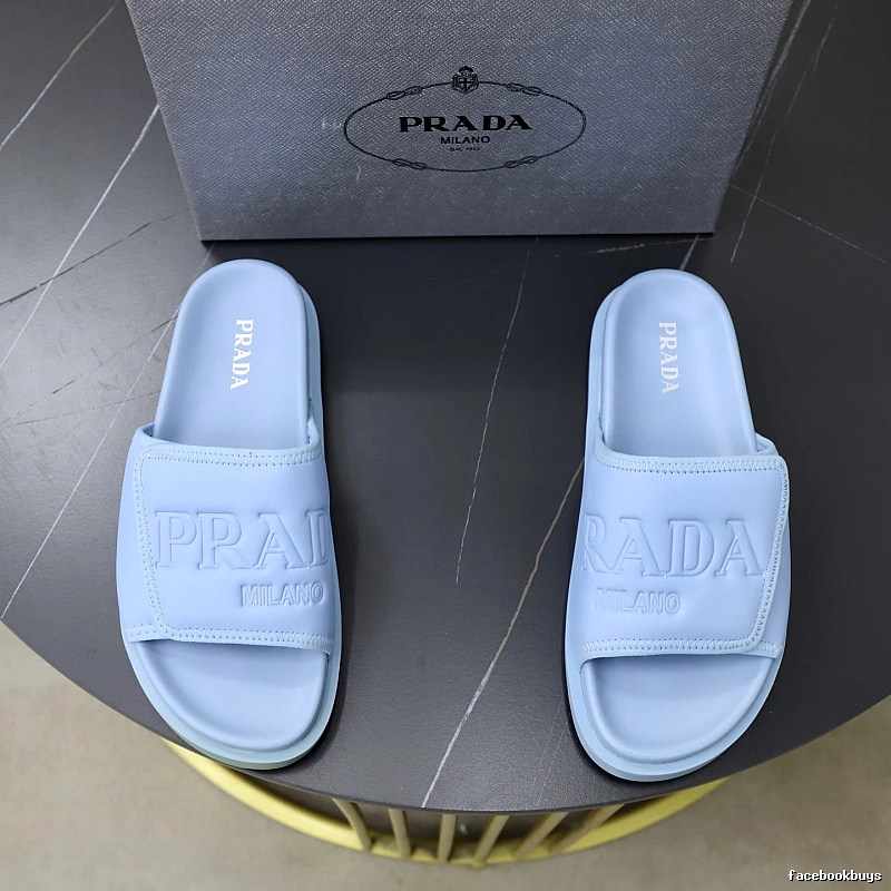 Prada Embossed Collection Minimalist Style Light Blue Slides