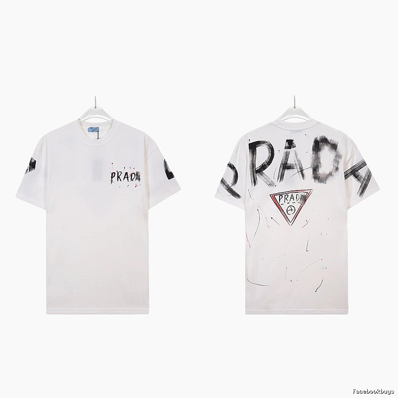 Prada Triangle Logo Graffiti Street Style White Short-sleeve T-shirt