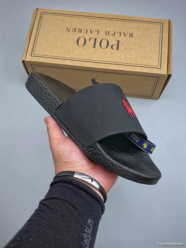 Ralph Lauren Black Logo Slides Highlighting Open-Toe Shape