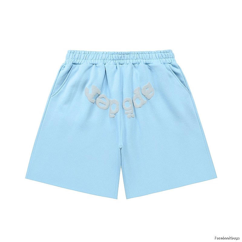 Sp5der letter-style light blue shorts