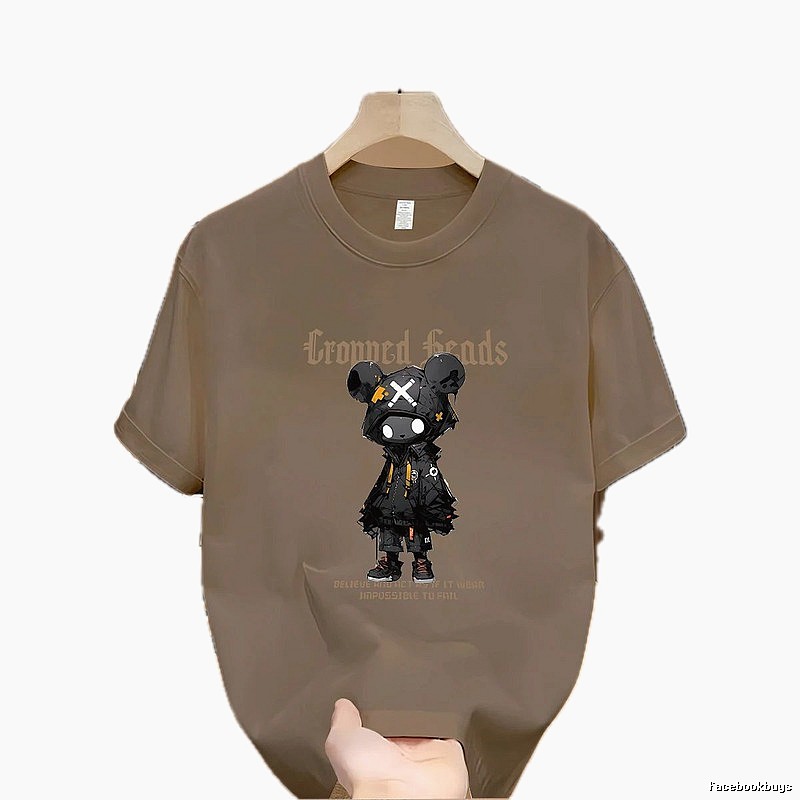 Streetwear Street Style Violent Bear Print Khaki Short-sleeve T-shirt
