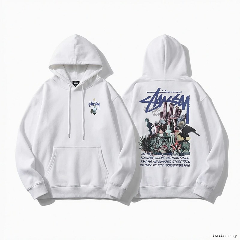 Stussy-printed trendy white hoodie