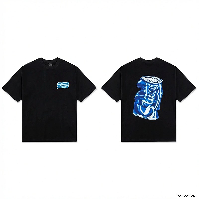 Stussy's black T-shirt with a can-style design