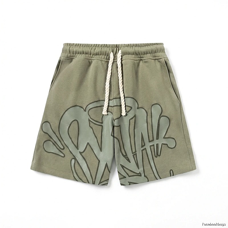 SynaWorld graffiti-style military green shorts