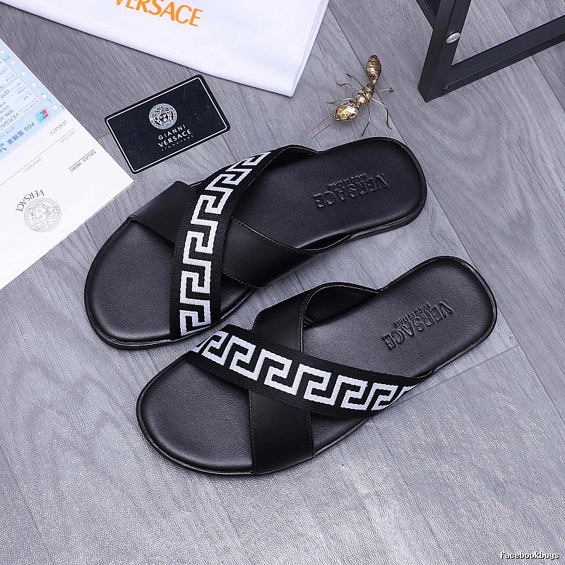 Versace Greek Key Casual Style Black Slide Sandals